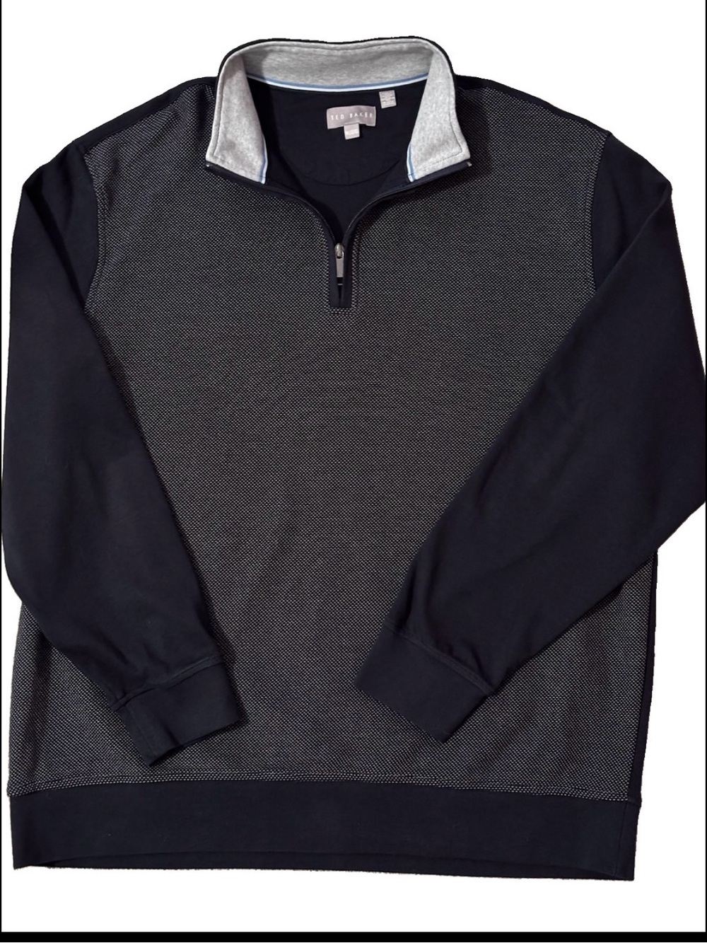 Ted Baker Quarter Zip Heavy Knit Polo Geometric Pattern Navy/Gray Sz XXL EUC
